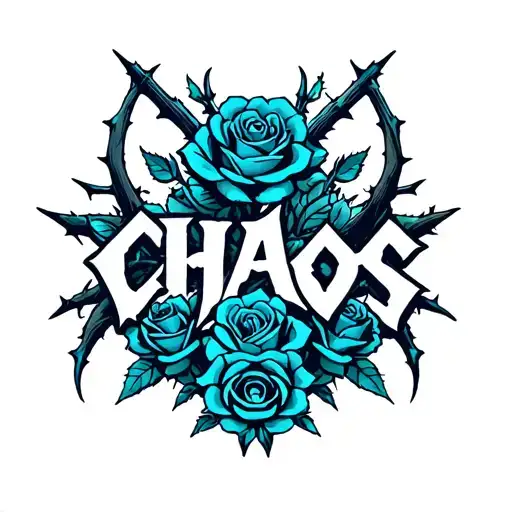 The word CHAOS in a death metal font and colored in powder blue surrounded by roses and thorns tattoo design idea