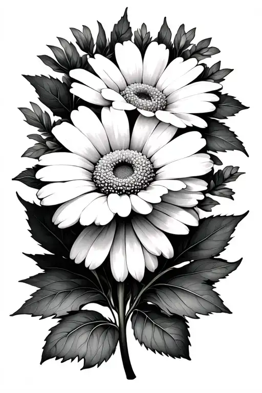 Marguerite without stem with 22 petals and leaves around tattoo design idea