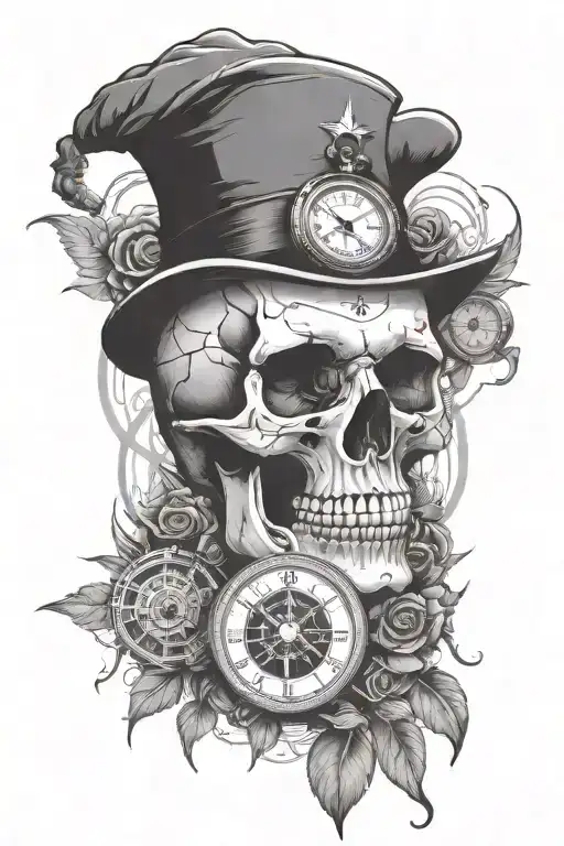 skull surrounded by a clock and compass design bars for the eyes  tattoo design idea