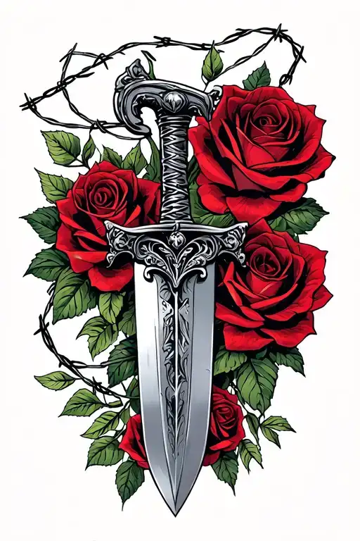 dagger through and surrounded by roses and barbed wire around metal handle  tattoo design idea