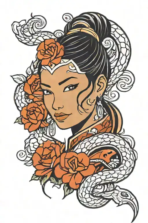 face of Kiyoshi woman from avatar the last air bender, simple line sketch style with flowers and snake in the background tattoo design idea