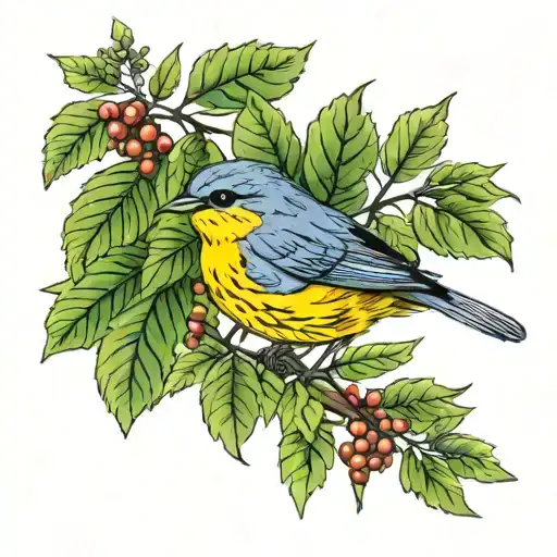Canada warbler perched in laurel shrub tattoo design idea