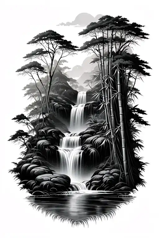 Bamboo Forest with waterfall cascading tattoo design idea