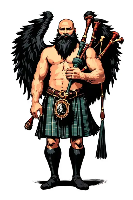 shirtless muscular bagpiper bald black beard playing bagpipes black background tattoo design idea