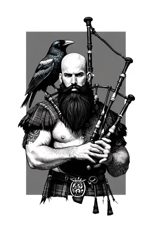 bald bagpiper with black beard with crow featherd muscular body with a mans head and hands playing blackbagpipes tattoo design idea