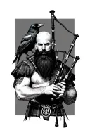 bald bagpiper with black beard with crow featherd muscular body with a mans head and hands playing blackbagpipes tattoo design idea