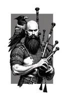 bald bagpiper with black beard with crow featherd muscular body with a mans head and hands playing blackbagpipes tattoo design idea