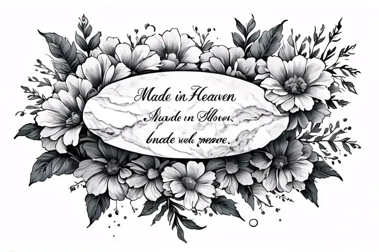 back tattoo with flowers, marble effect, scorpion, and verse "made in heaven" tattoo design idea