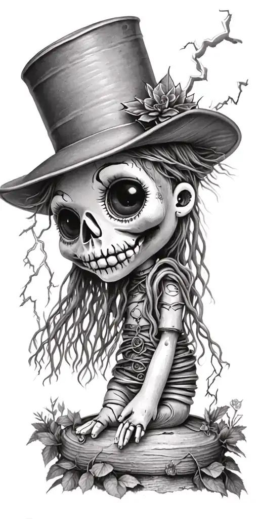 cute voodoo doll with cylinder hat and nature and lightning storm tattoo design idea