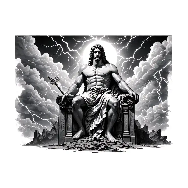 Zeus seated on a crumbling throne in the sky, lightning bolts swirling around storm-filled Olympus clouds tattoo design idea