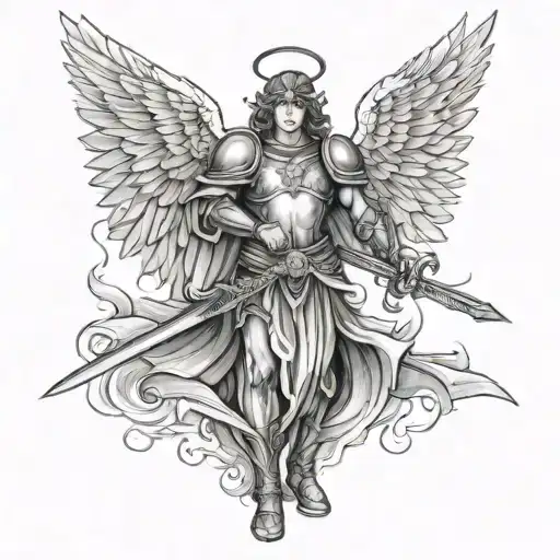 angel with armour holding a sword tattoo design idea