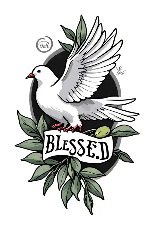 dove with olive branch, the word blessed tattoo design idea