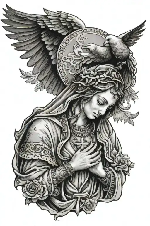 Holy virgin praying with closed eyes Rosary Eagle Dove tattoo design idea