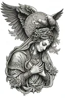 Holy virgin praying with closed eyes Rosary Eagle Dove tattoo design idea
