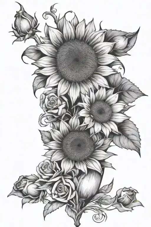 1 Sunflower, 2 daisies, 2 roses wrapped tattoo design idea