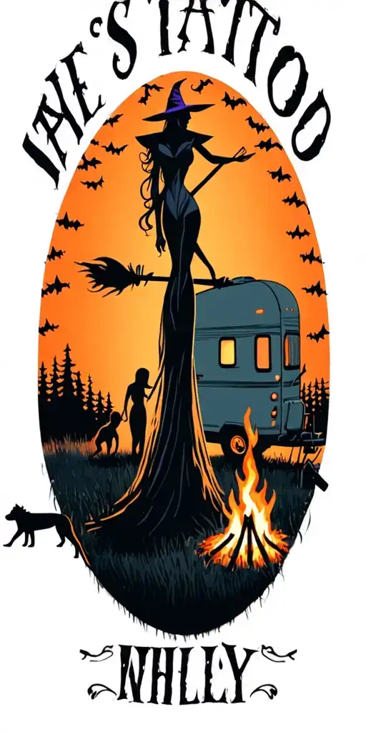 silhouette of busty sexy witch bride on broomstick over a campsite with a trailer and campfire with children & dog tattoo design idea
