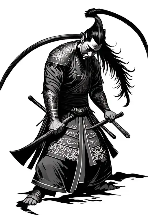 chinese warrior bowing head but fine line, only outline tattoo design idea