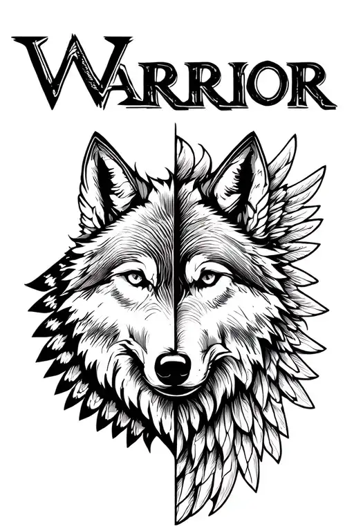 The word Warrior is a vertical line with a wing on one side, half of a wolf's face on the other, and the word itself in  tattoo design idea