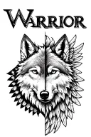The word Warrior is a vertical line with a wing on one side, half of a wolf's face on the other, and the word itself in  tattoo design idea