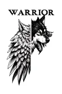 The word Warrior is a vertical line with a wing on one side, half of a wolf's face on the other, and the word itself in  tattoo design idea