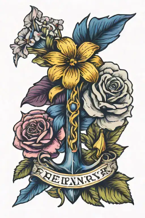 anchor ribbon wrapped names January birth flower February birth flower July birth flower December birth flower tattoo design idea