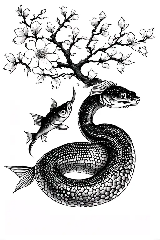 Coi fish, cherry blossom tree, and snake  tattoo design idea
