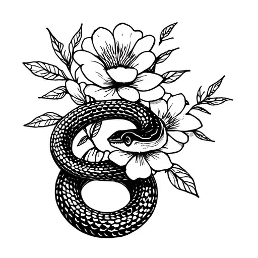 snake with flowers and mon tattoo design idea