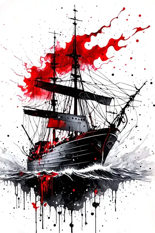burning ship tattoo design idea