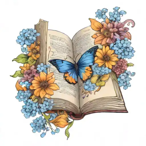 A book with vibrant orange and blue pages, surrounded by chrysanthemum and larkspur flowers tattoo design idea