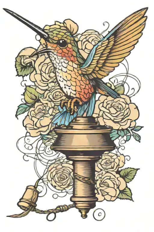 Humming bird, Spool of thread, Needle, thimble, clouds, lightening tattoo design idea