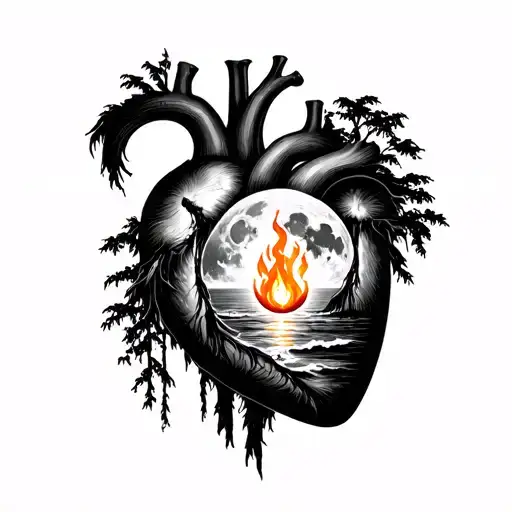 A man in lonliness, moon, sea, nature, forest, fire inside his heart metaphorical, hidden things,, past, hope, ambition, tattoo design idea