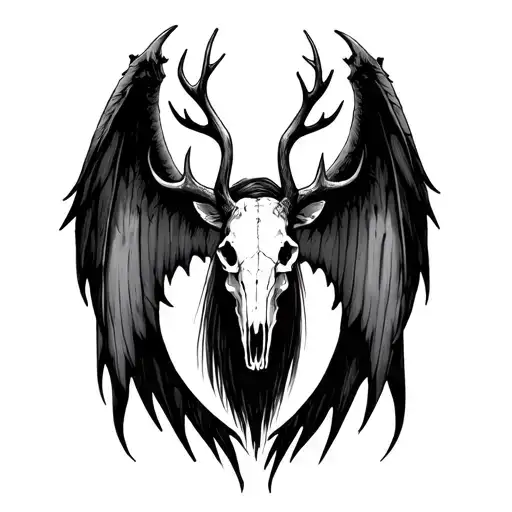tall skinny figure with an elk skull for a head and demon wings tattoo design idea