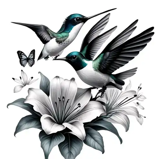 hummingbirds with lily flowers and small butterflies  tattoo design idea
