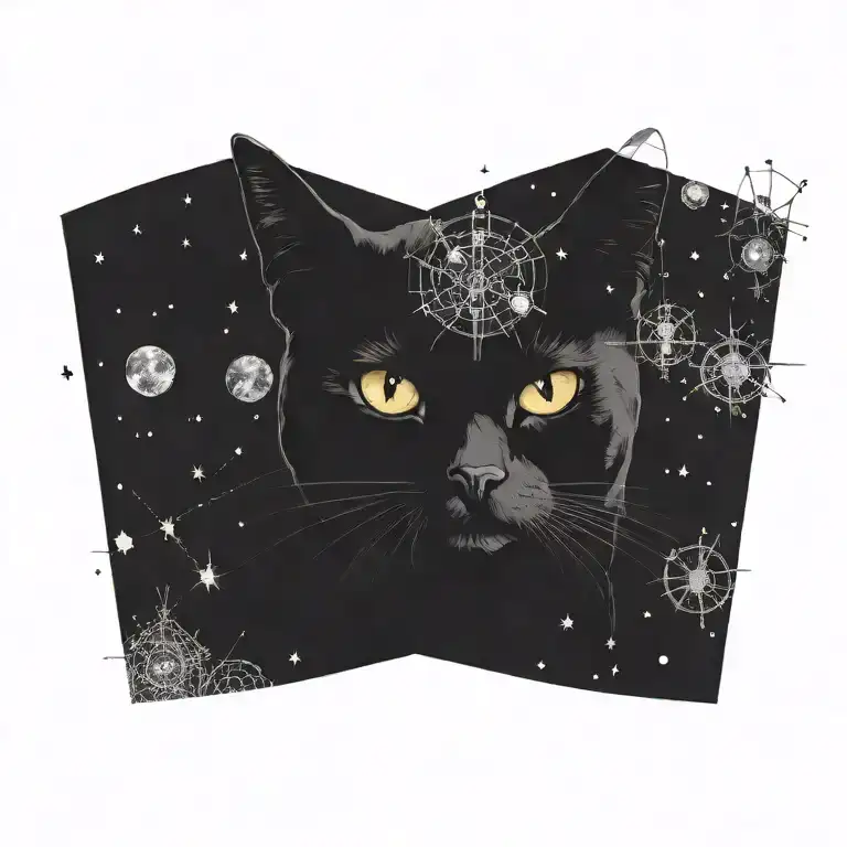 a witch's familiar, such as a black cat or owl, adorned with zodiac constellations and alchemical symbols tattoo design idea