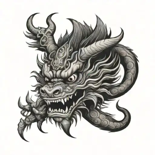 japanese dragon wrapped and oni mask tattoo design idea