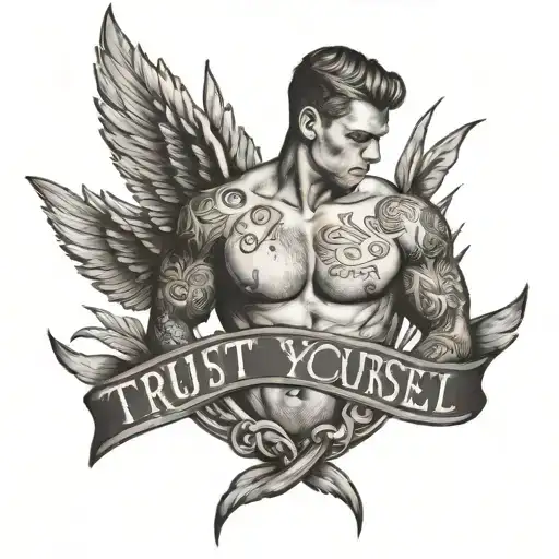 topless male and slogan trust yourself tattoo design idea