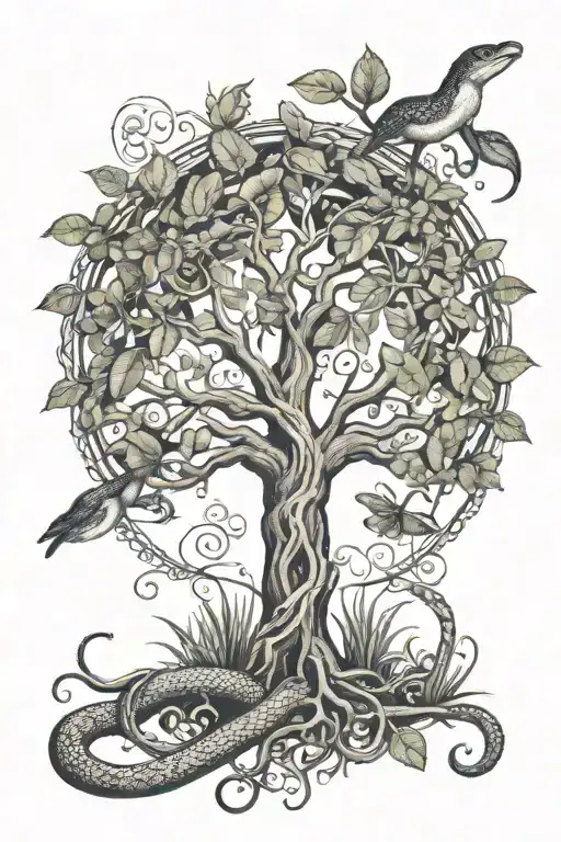 tree of life with snake with plants representing tattoo design idea