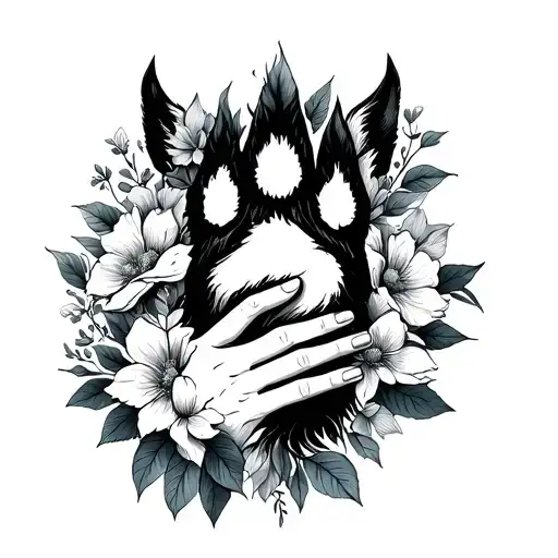 fine line tattoo with an animal paw and a woman's hand holding it in a floral spirit tattoo design idea