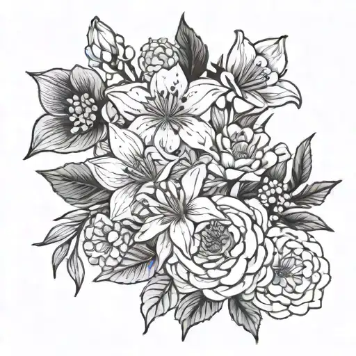 Carnation, daffodil, daisy, water lily, poppy, chrysanthemum, poinsettia flowers in black and white shading with fine li tattoo design idea