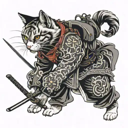 cat samurai warrior tattoo design idea