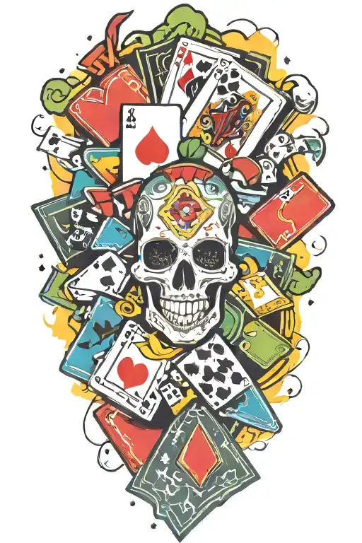 A new-school design featuring a colorful collage of playing cards, dice, and money rolls with the text 'LIFE IS A GAMBLE' tattoo design idea