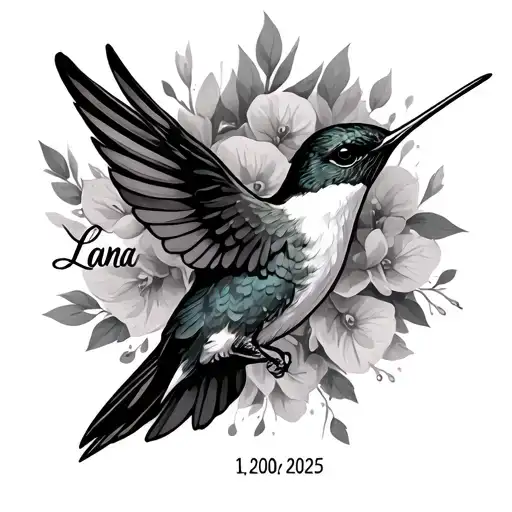 "Lana 1/20/2025" Hummingbird flying away her name tattoo design idea