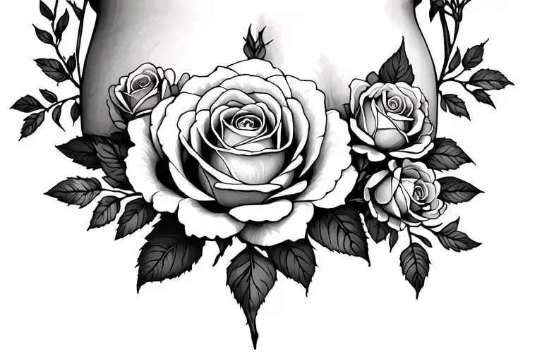 Large main rose in the middle above the pubic bone, smaller roses offset on the side, some rose core for loosening up, asymm tattoo design idea