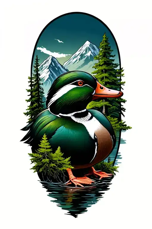 mountains, trees, greenhead mallards tattoo design idea