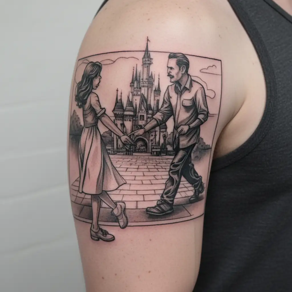father and daughter holding hands like walt disney statue in front of disneyland castle tattoo design idea