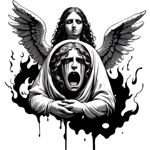 angel crying blood looking at a world thats on fire tattoo design idea