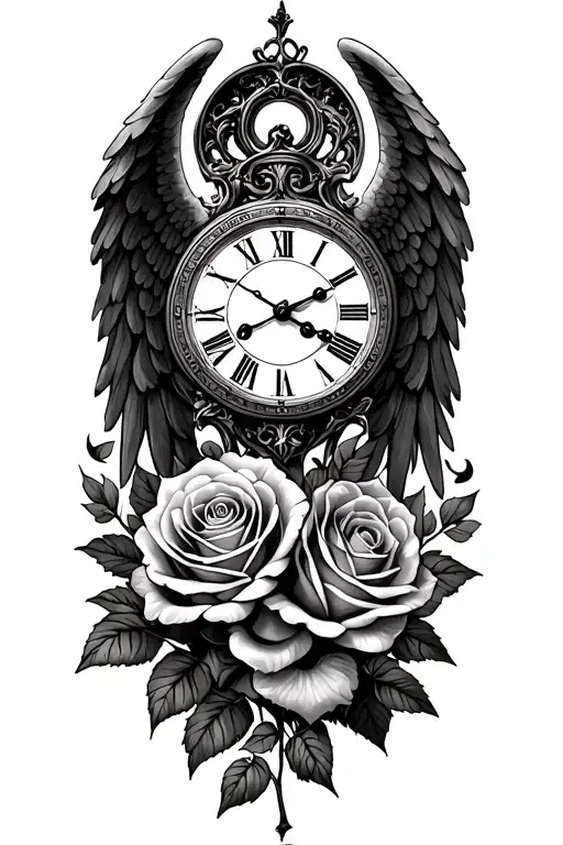 roses growing, angel wings, clock surrounded tattoo design idea