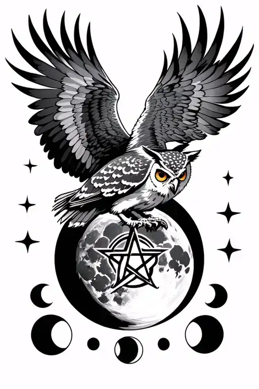 flying owl whit pentagram in claws front of moon phases tattoo design idea