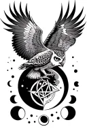 flying owl whit pentagram in claws front of moon phases tattoo design idea