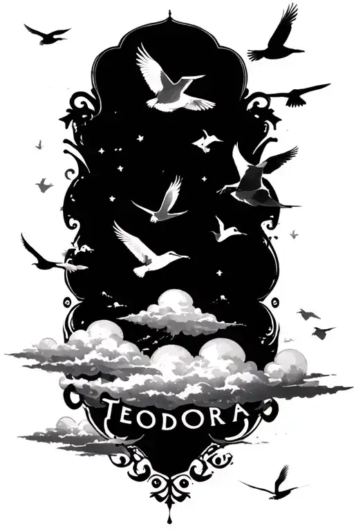 "Teodora" Heavenly clouds and birds flying tattoo design idea
